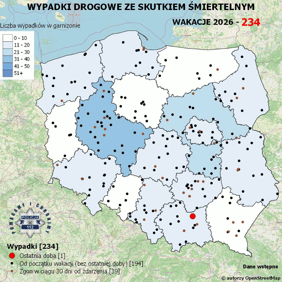 Mapa prezentująca liczbę wypadków poprzedniej doby w Polsce. Prezentowane dane są dostępne w tekście poniżej.