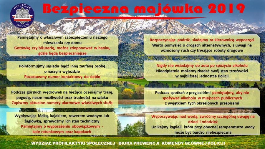 Obrazek przedstawia wymienione wskazówki jak bezpiecznie spędzić majówkę. Wymienione porady z zakresu bezpieczeństwa w czterech kolumnach z prawej strony i czterech z lewej. u góry napis "Bezpieczna majówka 2019" , na dole"wydział profilaktyki społecznej biura prewencji Komendy Głównej Policji"