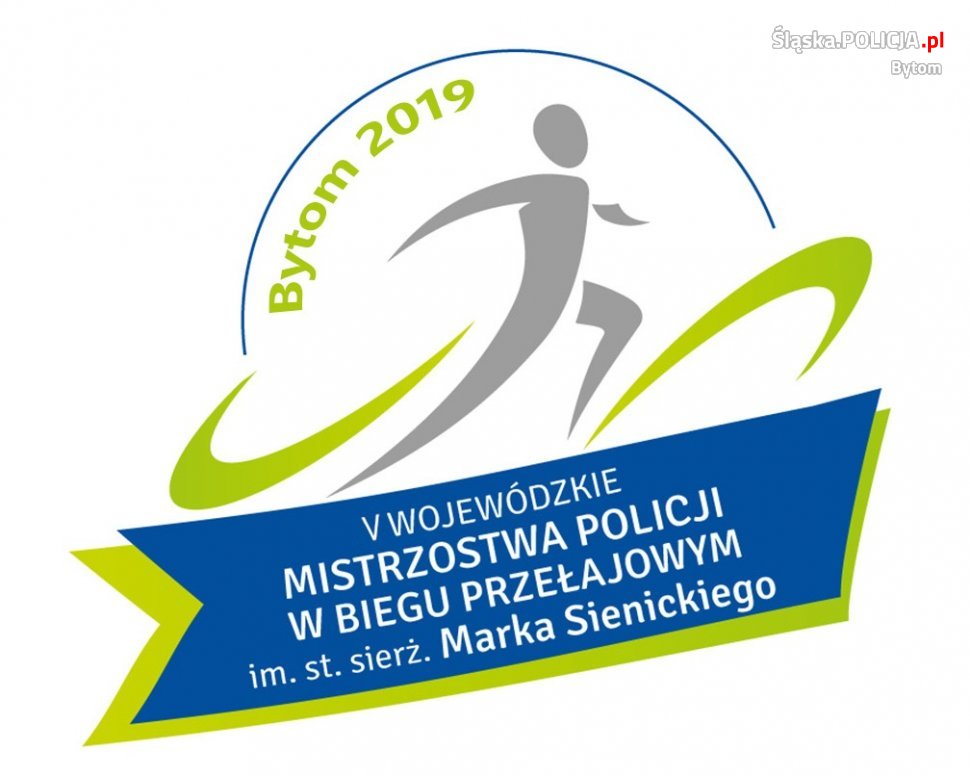 Obrazek przedstawia logo z napisem: "Bytom 2019, poniżej V Wojewódzkie Mistrzostwa Policji w Biegu Przełajowym im. st. sierż. Marka Sienickiego,