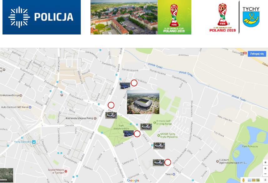 Obrazek przedstawia graficzną mapę przedstawiającą miejsca parkingowe i zakazy ruchu podczas Mistrzostw ŚwiataU20