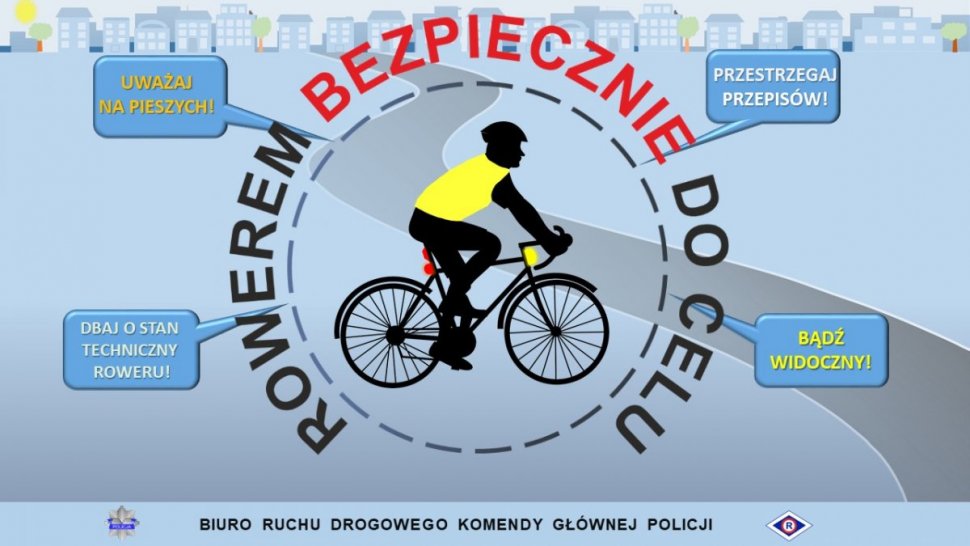 plakat przedstawiający rowerzystę jadącego na rowerze z napisem "Rowerem bezpiecznie do celu" i zasadami bezpieczeństwa