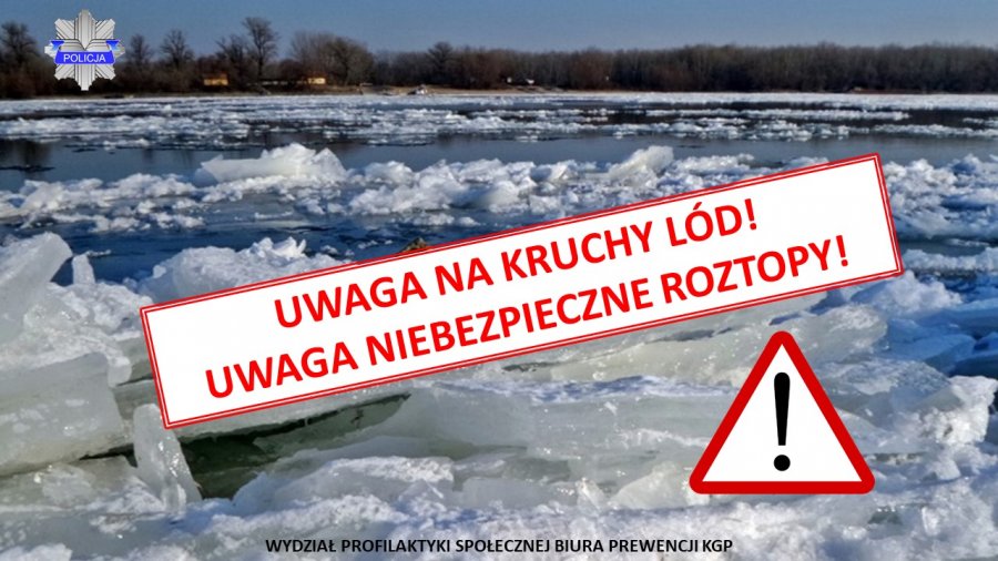 napis: Uwaga na kruchy lód, uwaga niebezpieczne roztop, zdjęcie zamarzniętego jeziora, 