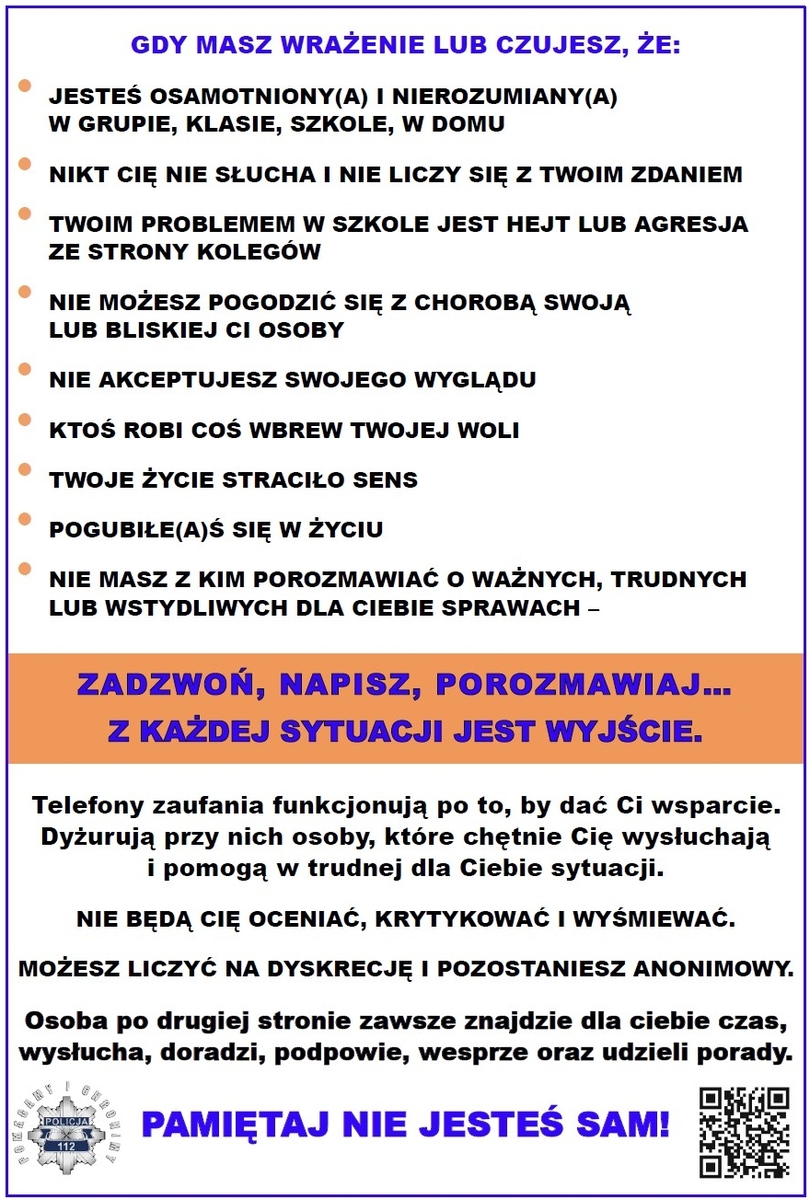 infografika z poradami dla osób potrzebujących wsparcia lub pomocy