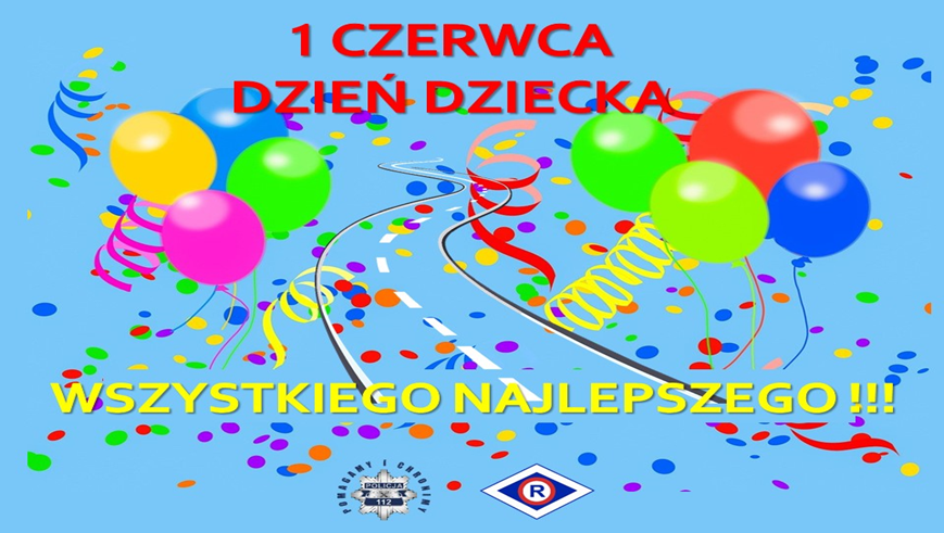 grafika z balonami i serpentynami. Na środku napis 1 czerwca Dzień Dziecka