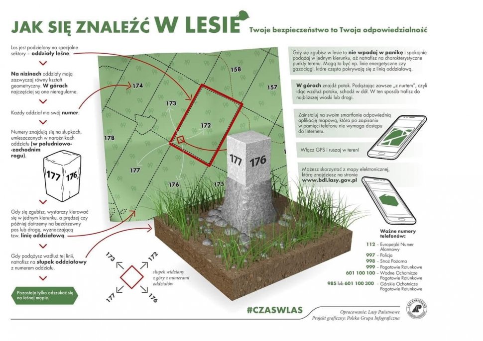 Grafika na białym tle. Widać na niej między innymi słupek oddziałowy z numerem. Na grafice znajdują się również wskazówki - tekst, jak się odnaleźć w lesie.