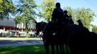 Na obrazku widoczny policjant na koniu, w tle widoczny stadion miejskie oraz osoby, które idą na mecz piłki nożnej