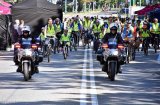 Dwóch policjantów na motocyklach jedzie drogą, a za nimi jadą rowerzyści w kamizelkach odblaskowych.