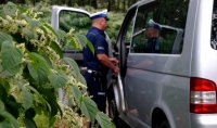 Na zdjęciu widoczny liście z drzewa, a dalej w tle policjanta z drogówki, który stoi przy pojeździe i rozmawia z kierującym.