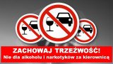 Trzy znaki z zakazu picia alkoholu i poniżej napis &quot;Zachowaj trzeźwość&quot;