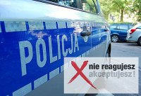 Napis &quot;Nie reagujesz -akceptujesz&quot; na tle policyjnego radiowozu.