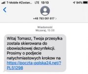 Uwaga! Poczta Polska nie pobiera opłat za dezynfekcję przesyłki. Takie wiadomości to oszustwo