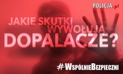 Tekst na czerwonym tle:&quot; Jakie skutki wywołują dopalacze?&quot;.