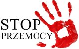 Napis &quot;Stop przemocy&quot;obok odbita czerwona dłoń na białym tle.