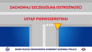 slajd ze spotu w ramach akcji &amp;quot;Dla każdego jest miejsce na drodze&amp;quot; z napisem Zachowaj ostrożność - ustąp pierwszeństwa Biura Ruchu Drogowego KGP