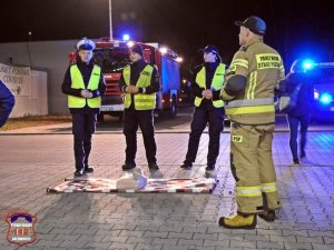 Policjanci, strażnik miejski, strażak, za nimi widoczny wóz strażacki.