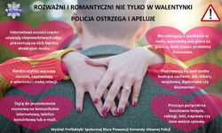 Na tle przytulonej pary widać różowe serca w których białą czcionką umieszczono porady profilaktyczne związane z oszustwami matrymonialnymi w sieci:
Internetowi oszuści często używają nieprawdziwych zdjęć, prezentują na nich bardzo atrakcyjne osoby.
Bardzo szybko wyznają uczucia, zapewniają o wierności i stałej relacji.
Dążą do przeniesienia rozmowy na komunikator internetowy, telefon komórkowy lub e-mail.
Nie zabiegają o spotkanie w realu, wymówką jest praca za granicą, brak czasu i problemy finansowe.
Podszywają się pod osoby budzące zaufanie, jak: lekarz, wojskowy, dyplomata czy biznesmen.
Proszą o pożyczki na kosztowne terapie, zabiegi, leki, naprawy czy inne ważne sprawy.
 W prawym rogu infografiki umieszczono gwiazdę policyjną a na dole strony napis:
Wydział Profilaktyki Społecznej Biura Prewencji Komendy Głównej Policji.