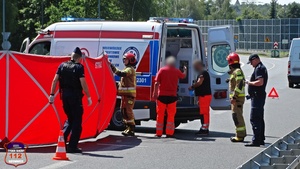 Policjanci, strażacy oraz ratownicy medyczni podczas obsługi zdarzenia drogowego na drodze krajowej. W tle widać karetkę Pogotowia Ratunkowego oraz parawan Straży Pożarnej.