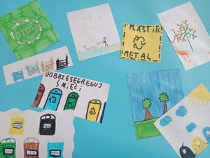 Na zdjęciu  plakat z rysunkami dotyczącymi ochrony środowiska