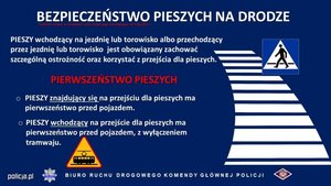 Na grafice plakat zatytułowany Bezpieczeństwo pieszych na drodze. Pieszy wchodzący na jezdnię lub torowisko albo przechodzący przez jezdnię lub torowisko jest zobowiązany zachować szczególną ostrożność oraz korzystać z przejścia dla pieszych. Pierwszeństwo pieszych: Pieszy znajdujący się na przejściu dla pieszych ma pierwszeństwo przed pojazdem. Pieszy wchodzący na przejście dla pieszych ma pierwszeństwo przed pojazdem, z wyłączeniem tramwaju. Obok tekstu grafik przedstawiająca przejście dla pieszych oraz znaj informacyjny przejście dla pieszych oraz Uwaga tramwaj. Na dole plakatu napis policja.pl Biuro Ruchu Drogowego Komendy Głównej Policji.