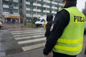 Na zdjęciu umundurowany policjant ruchu drogowego stojący w pobliżu oznakowanego przejścia dla pieszych.