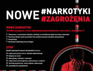 Plakat informacyjny. Na górze napis: Nowe # narkotyki # zagrożenia. Poniżej: Nowe narkotyki (środki zastępcze, nowe substancje psychoaktywne, potocznie &quot;dopalacze). Toksyczne, o nieznanym składzie, działają na ośrodkowy układ nerwowy człowieka, pierwsza dawka może prowadzić do nieodwracalnych skutków zdrowotnych, uzależniają, narkotyki zakłócają pracę mózgu. Poniżej napis STOP. Skutki zażywania nowych narkotyków to między innymi: zaburzenia pracy serca i układu oddechowego, kłopoty ze snem, bóle głowy, nudności i wymioty, zburzenia neurologiczne, halucynacje i urojenia, choroby psychiczne, stany lękowe, depresyjne, prowadzą do uzależnienia. Po prawej stronie plakatu zdjęcie młodego mężczyzny zasłaniającego twarz. Nad nim grafika przedstawiająca tabletki.