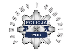 Grafika przedstawia logo Policji - policyjna odznaka z napisem dookoła o treści: pomagamy i chronimy. Na odznace napis Tychy.