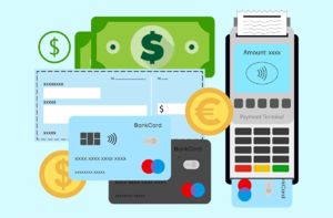 Grafika przedstawia obrazki przedstawiające terminal płatniczy, kartę bankomatową oraz banknoty pieniędzy.