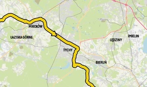 Na grafice mapa przejazdu Tour de Pologne z naniesionymi miastami: łaziska Górne, Mikołów, Tychy, Bieruń, Lędziny, Imielin