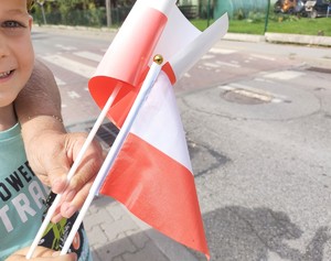 Na zdjęciu uśmiechnięty chłopiec trzymający flagę Polski.