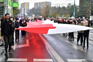 Na zdjęciu uczestnicy biorący udział w obchodach Dnia Niepodległości, którzy niosą flagę Polski.