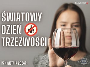 Plakat przedstawiający kobietę z wyciągniętą dłonią symbolizująca odmawianie przed w połowie wypełnionym kieliszkiem z alkoholem.