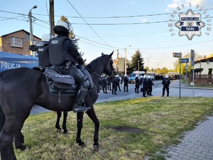 Na zdjęciu umundurowani policjanci, mundurowi na koniach oraz policyjna armatka wodna.