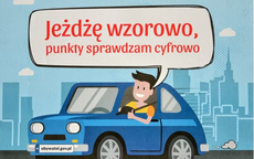 Na grafice kierowca siedzący w samochodzie. Obok napis o treści: Jeżdżę wzorowo  punkty sprawdzam cyfrowo.