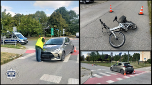 Kolarz trzech zdjęć z miejsca wypadku drogowego. Na pierwszym policjant w kamizelce odblaskowej robiący zdjęcie samochodowi. Na drugim rower leżący na jezdni. Na trzecim samochód stojący na przejściu dla pieszych i rower leżący przez samochodem.