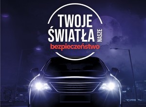 Grafika przedstawiająca samochód z włączonymi światłami oraz napis o treści: „Twoje światła – nasze bezpieczeństwo”