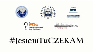 Grafika z napisem o treści #JestemTuCZEKAM oraz logo instytucji biorących udział w kampanii społecznej