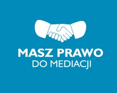 Grafika przedstawiająca dwie uściśnięte dłonie oraz napis o treści: Masz prawo do mediacji.