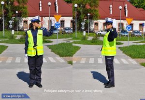 Na zdjęciu umundurowana policjantka ruchu drogowego podczas ręcznego kierowania ruchem