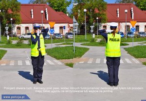 Na zdjęciu umundurowana policjantka ruchu drogowego podczas ręcznego kierowania ruchem