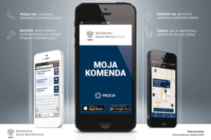 Grafika przedstawia telefon z napisem Moja Komenda