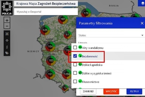 na zdjęciu widoczny zrzut ekrany telefonu komórkowego zawierającego aplikację mobilną Krajowa Mapa Zagrożeń Bezpieczeństwa,  za pośrednictwem której istnieje możliwość powiadomienia Policji o potrzebie udzielenia pomocy osobie bezdomnej.