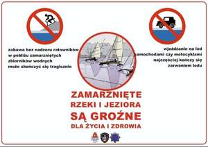 Grafika z napisem o treści: Zamarznięte rzeki i jeziora są groźne dla życia i zdrowia