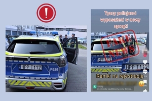 Kolaż dwóch zdjęć. Po lewej stronie oryginalne zdjęcie oznakowanego radiowozu. Po prawej stronie przerobione zdjęcie z mediów społecznościowych.