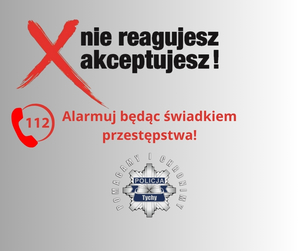 Grafika przedstawiająca napis i logo kampanii Nie reagujesz - akceptujesz. Poniżej napis o treści: 112 Alarmuj będąc świadkiem przestępstwa. Na dole logo Komendy Miejskiej Policji w Tychach