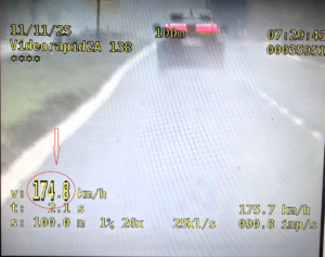 Kolorowe zdjęcie ekranu urządzenia rejestrującego prędkość, na którym widoczny jest fragment drogi oraz pojazd jadący nią, wraz ze wskazaniem wartości przekroczenia prędkości.