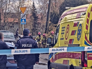 Kolorowe zdjęcie zrobione za plecami umundurowanego policjanta na tle karetki pogotowia.