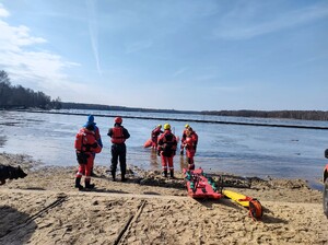 Kolorowe zdjęcie ratowników Wodnego Ochotniczego Pogotowia Ratowniczego stojących przy brzegu jeziora.