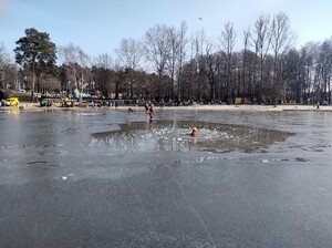 Kolorowe zdjęcie ratowników Wodnego Ochotniczego Pogotowia Ratowniczego stojących przy brzegu jeziora. Jeden z nich znajduje się w wodzie.