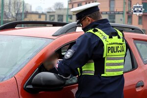 Policjant stojący przy zatrzymanym do kontroli pojeździe.