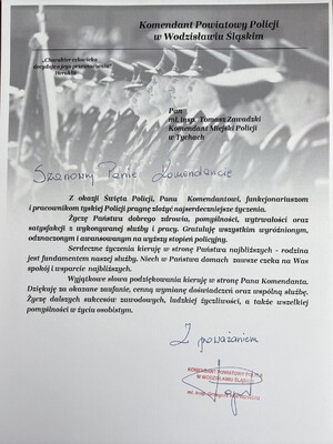 List gratulacyjny od gości honorowych.